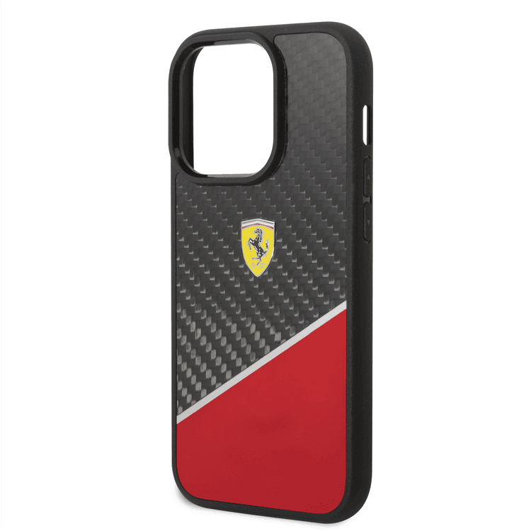 Ferrari Bimaterial Carbon Case & Polycarbonate & Silver Stripe iPhone 14 Pro Max Compatibility - Red