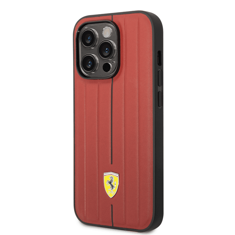 Ferrari Leather Case With Embossed Stripes & Yellow Shield Logo - iPhone 14 Pro - Red