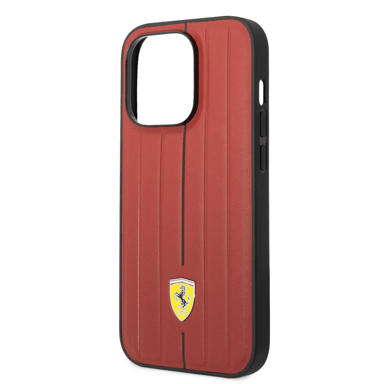 Ferrari Leather Case With Embossed Stripes & Yellow Shield Logo - iPhone 14 Pro - Red