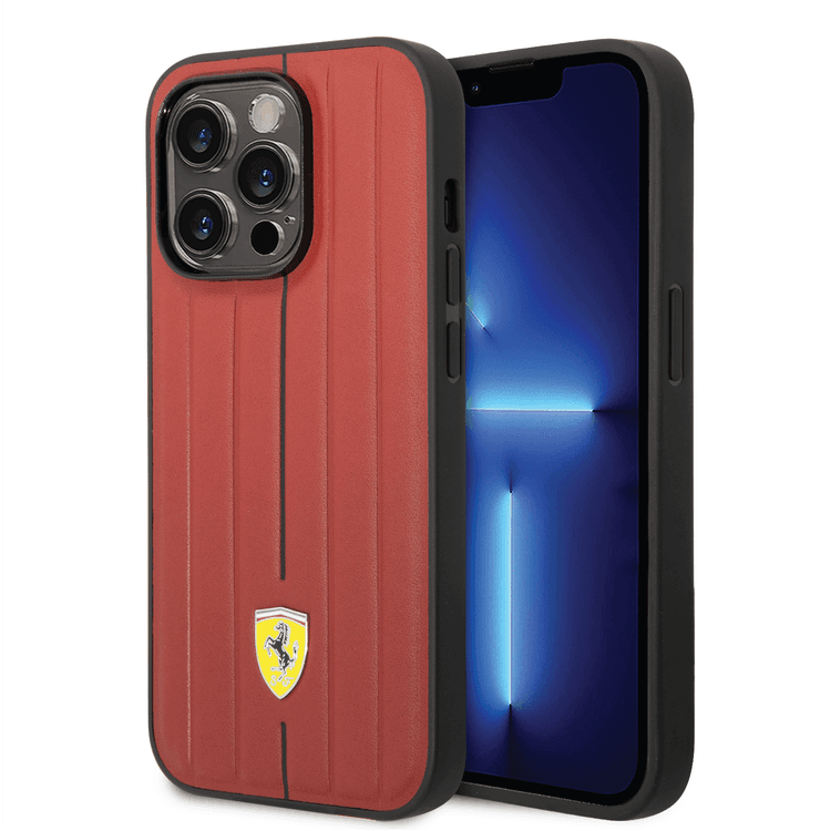 Ferrari Leather Case With Embossed Stripes & Yellow Shield Logo - iPhone 14 Pro - Red