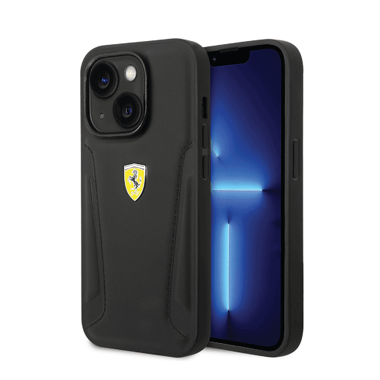 Ferrari Leather Case With Hot Stamped Sides & Yellow Shield Logo - iPhone 14 - Black