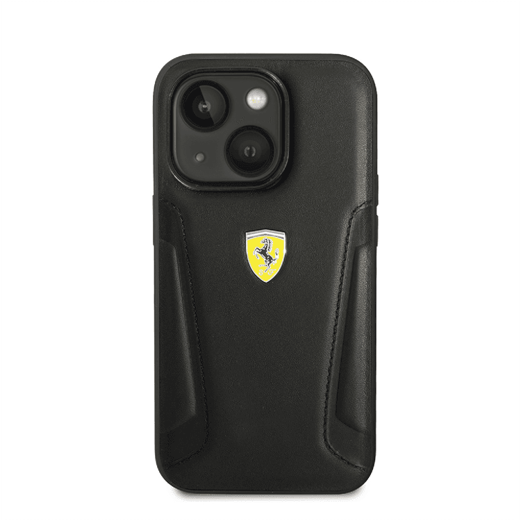 Ferrari Leather Case With Hot Stamped Sides & Yellow Shield Logo - iPhone 14 - Black