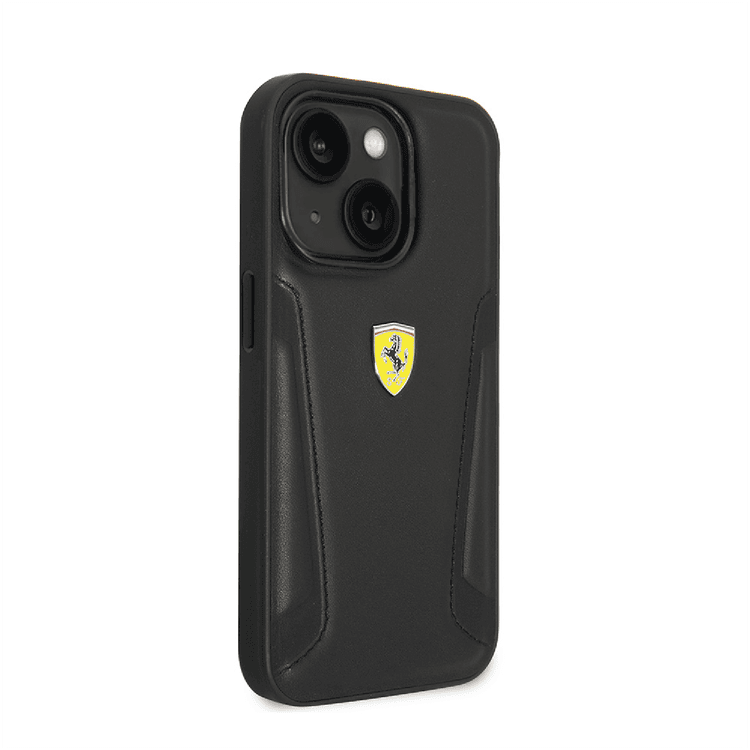 Ferrari Leather Case With Hot Stamped Sides & Yellow Shield Logo - iPhone 14 - Black