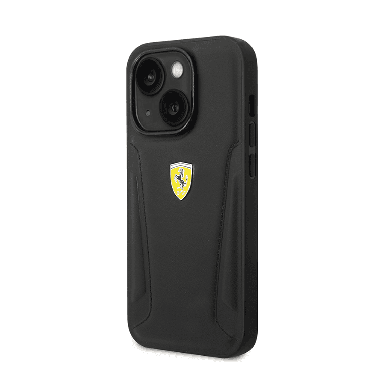 Ferrari Leather Case With Hot Stamped Sides & Yellow Shield Logo - iPhone 14 - Black