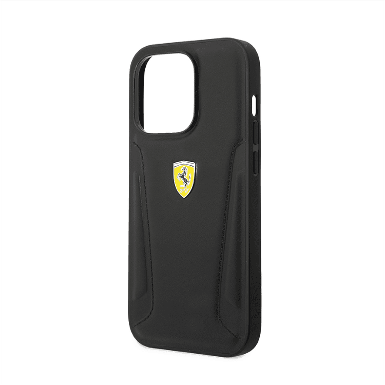 Ferrari Leather Case With Hot Stamped Sides & Yellow Shield Logo - iPhone 14 - Black