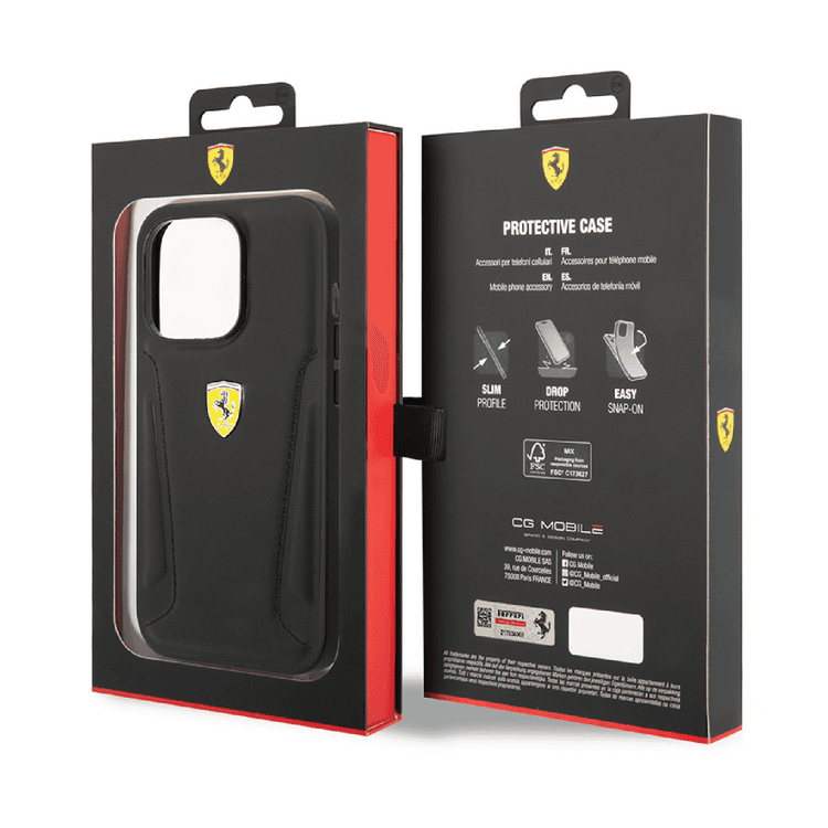 Ferrari Leather Case With Hot Stamped Sides & Yellow Shield Logo - iPhone 14 - Black