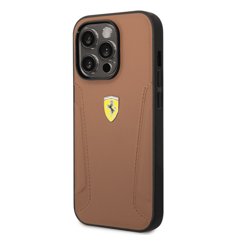 Ferrari Leather Case With Hot Stamped Sides & Yellow Shield Logo - iPhone 14 Pro Max - Camel