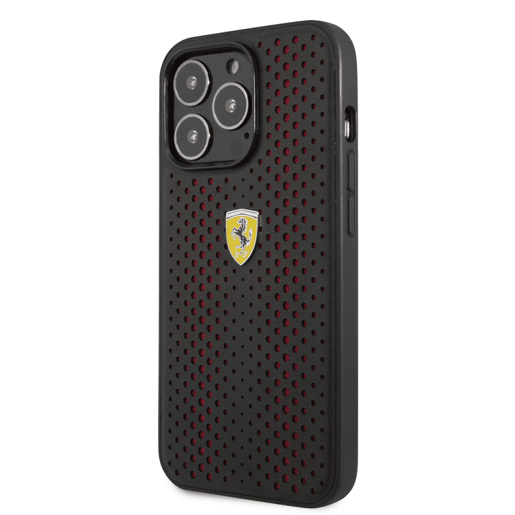 Ferrari PU Leather Perforated Case with Nylon Base & Yellow Shield Logo iPhone 14 Pro Max Compatibility - Red