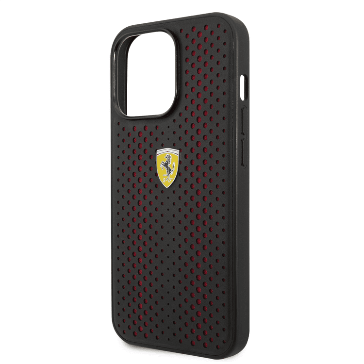 Ferrari PU Leather Perforated Case with Nylon Base & Yellow Shield Logo iPhone 14 Pro Max Compatibility - Red