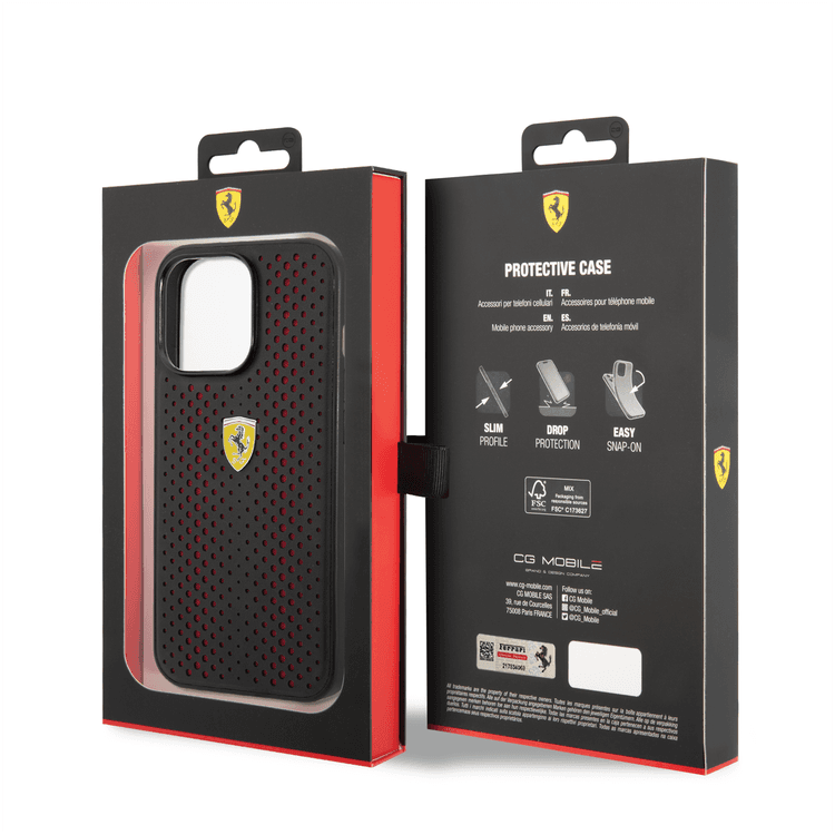 Ferrari PU Leather Perforated Case with Nylon Base & Yellow Shield Logo iPhone 14 Pro Max Compatibility - Red