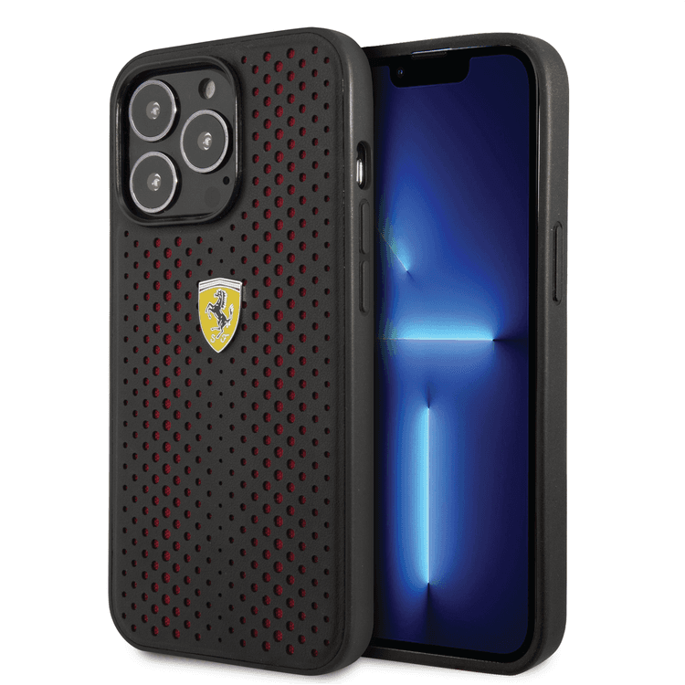 Ferrari PU Leather Perforated Case with Nylon Base & Yellow Shield Logo iPhone 14 Pro Max Compatibility - Red