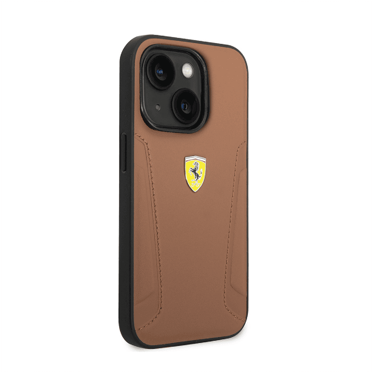 Ferrari Leather Case With Hot Stamped Sides & Yellow Shield Logo - iPhone 14 - Camel