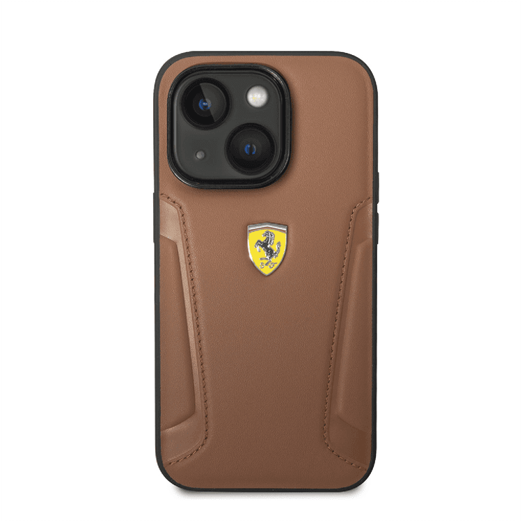 Ferrari Leather Case With Hot Stamped Sides & Yellow Shield Logo - iPhone 14 - Camel