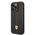 Ferrari Leather Case With Embossed Stripes & Yellow Shield Logo - iPhone 14 Pro - Black