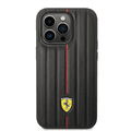 Ferrari Leather Case With Embossed Stripes & Yellow Shield Logo - iPhone 14 Pro - Black