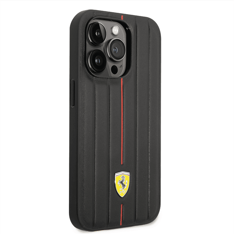 Ferrari Leather Case With Embossed Stripes & Yellow Shield Logo - iPhone 14 Pro - Black