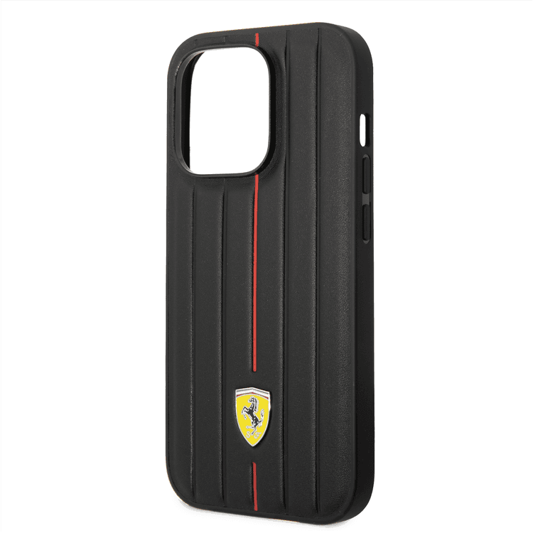 Ferrari Leather Case With Embossed Stripes & Yellow Shield Logo - iPhone 14 Pro - Black