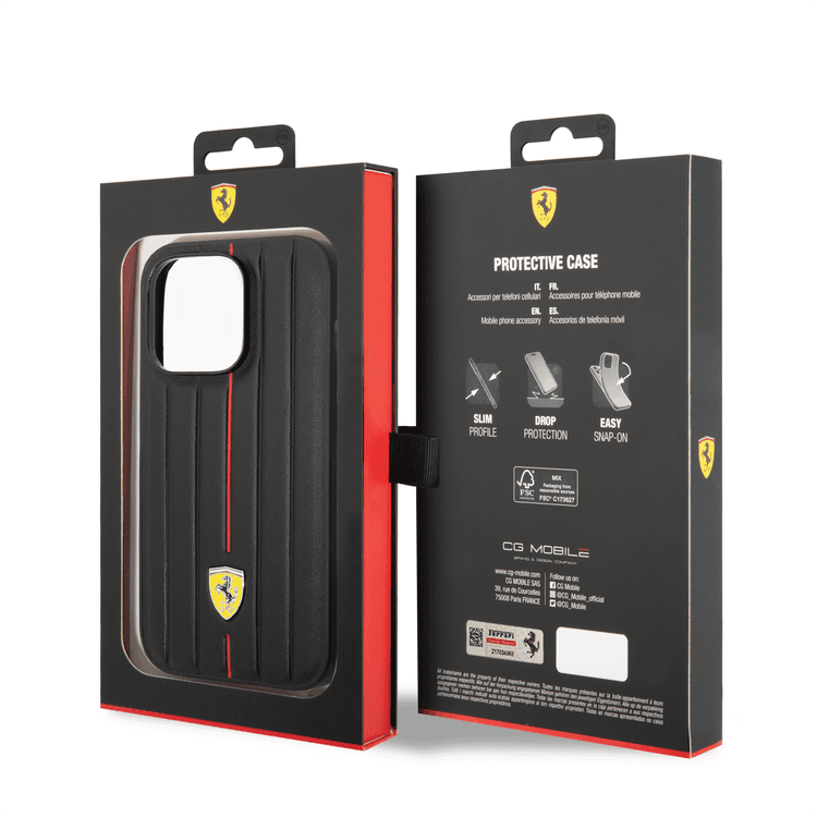 Ferrari Leather Case With Embossed Stripes & Yellow Shield Logo - iPhone 14 Pro - Black