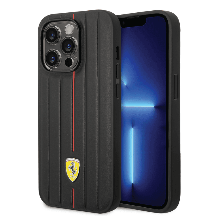 Ferrari Leather Case With Embossed Stripes & Yellow Shield Logo - iPhone 14 Pro - Black