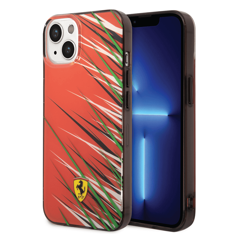 Ferrari PC/TPU Case with Double Layer Grass Print iPhone 14 Compatibility - Red