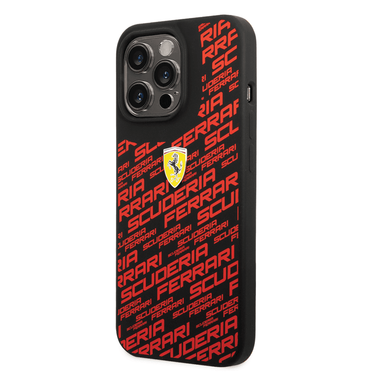 Ferrari Liquid Silicone Case All Over Printed Scuderia iPhone 14 Pro Compatibility - Black