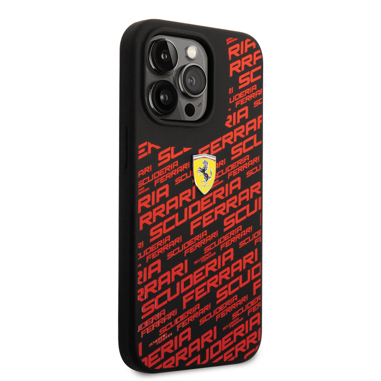 Ferrari Liquid Silicone Case All Over Printed Scuderia iPhone 14 Pro Compatibility - Black