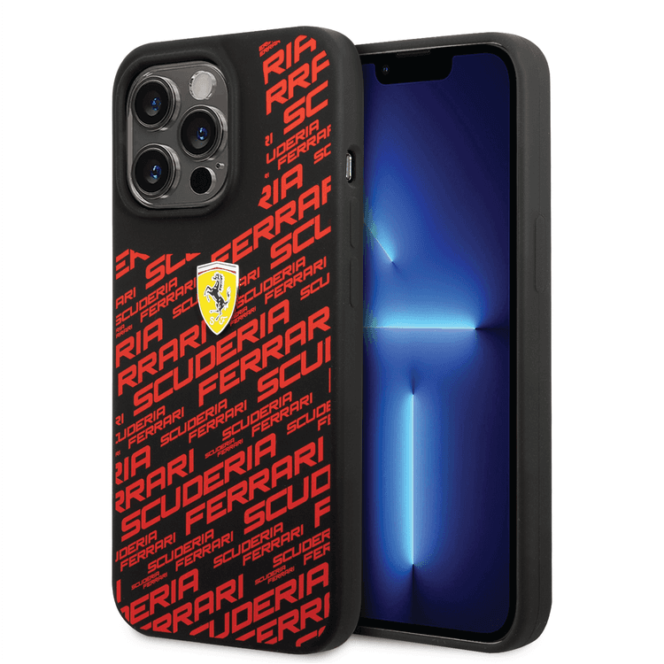 Ferrari Liquid Silicone Case All Over Printed Scuderia iPhone 14 Pro Compatibility - Black