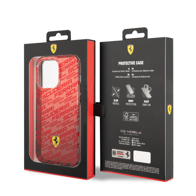 Ferrari Gradient PC/TPU Case with Allover Scuderia & Dyed Bumper iPhone 14 Pro Compatibility - Red