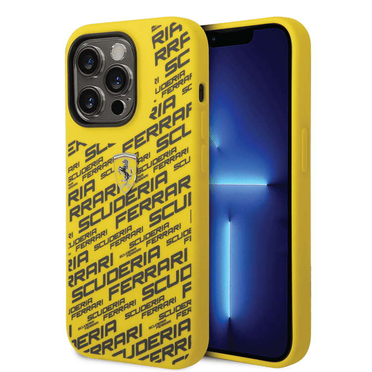 Ferrari Liquid Silicone Case All Over Printed Scuderia iPhone 14 Pro Compatibility - Yellow