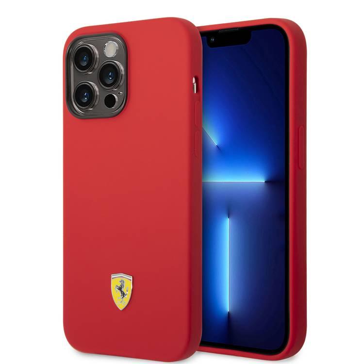 CG Ferrari Magsafe Compatibility Liquid Silicone Case with Metal Yellow Logo Shield iPhone 14 Pro Max Compatibility - Red