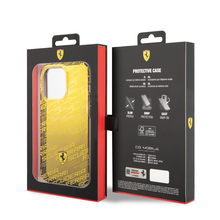 Ferrari Gradient PC/TPU Case with Allover Scuderia & Dyed Bumper iPhone 14 Pro Max Compatibility - Yellow