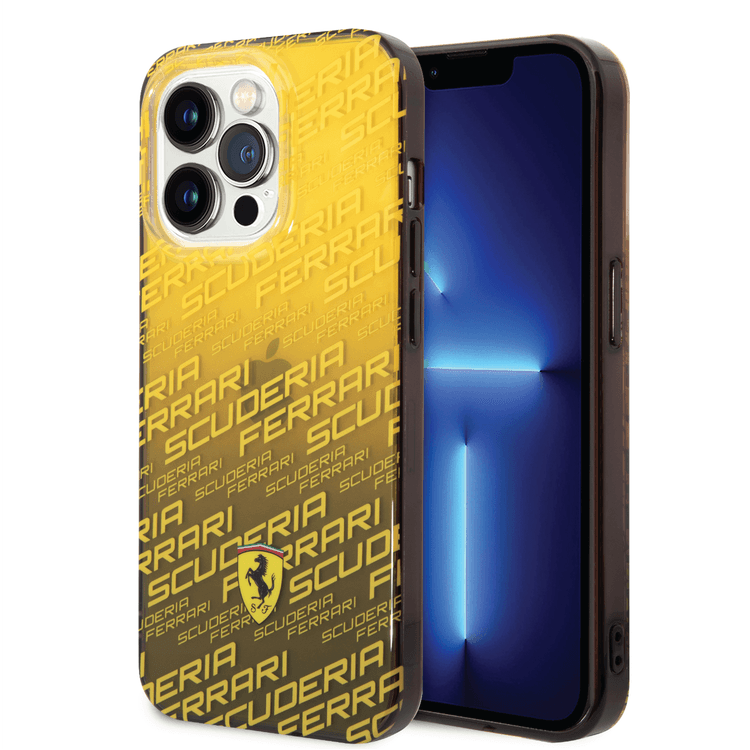 Ferrari Gradient PC/TPU Case with Allover Scuderia & Dyed Bumper iPhone 14 Pro Max Compatibility - Yellow