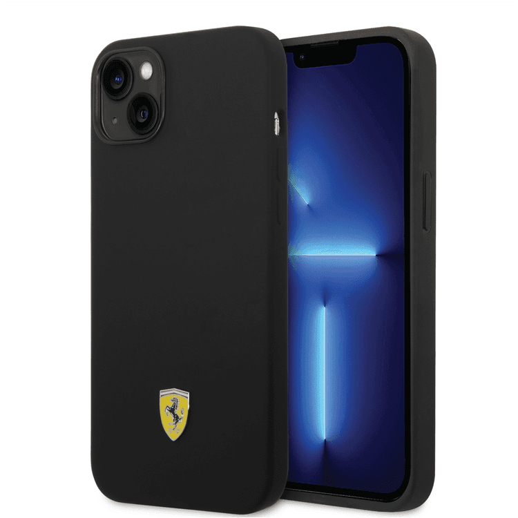 Ferrari Liquid Silicone Case with Black Camera Outline & Metal Logo iPhone 14 Plus Compatibility - Black