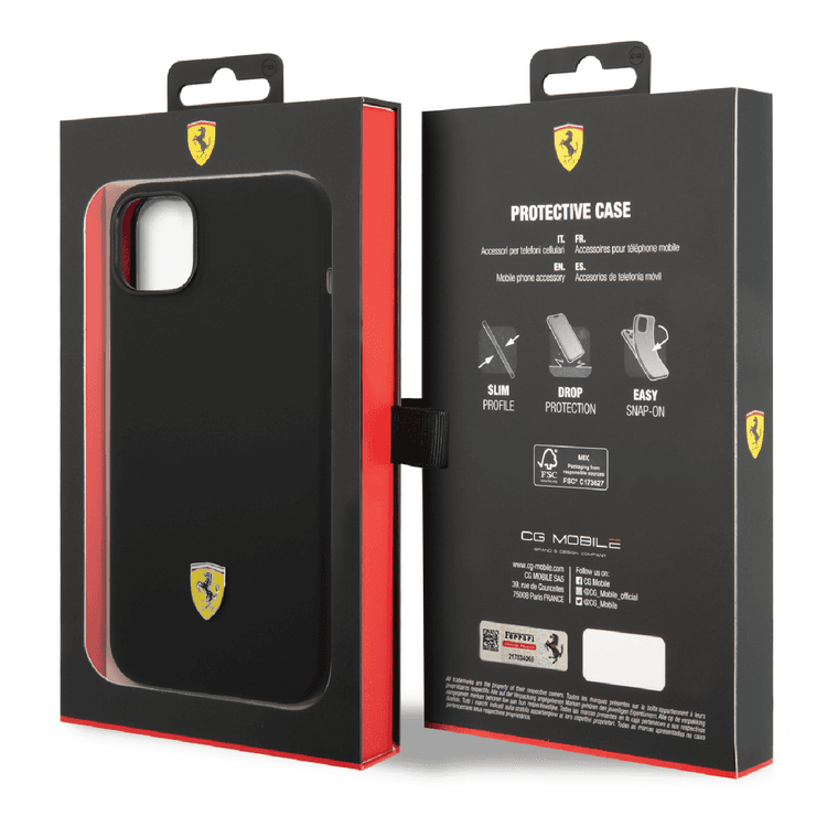 Ferrari Liquid Silicone Case with Black Camera Outline & Metal Logo iPhone 14 Plus Compatibility - Black