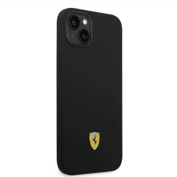 Ferrari Liquid Silicone Case with Black Camera Outline & Metal Logo iPhone 14 Plus Compatibility - Black