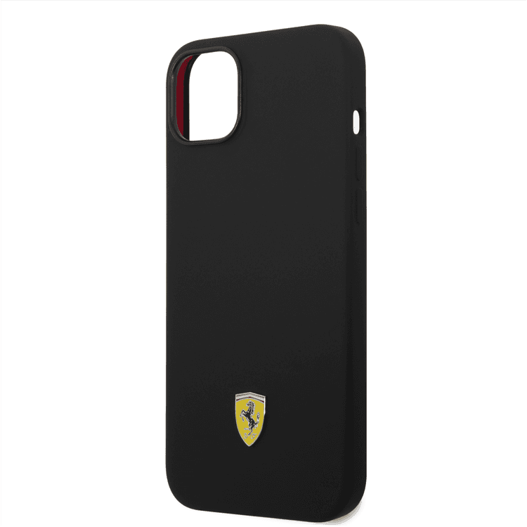 Ferrari Liquid Silicone Case with Black Camera Outline & Metal Logo iPhone 14 Plus Compatibility - Black