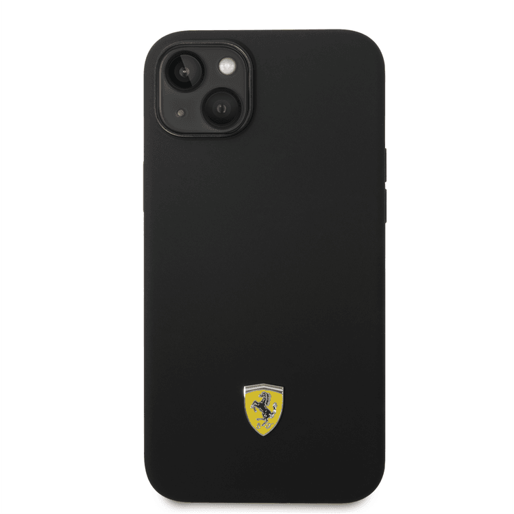 Ferrari Liquid Silicone Case with Black Camera Outline & Metal Logo iPhone 14 Plus Compatibility - Black