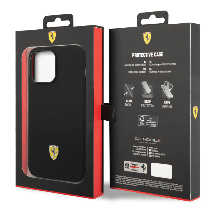 Ferrari Liquid Silicone Case with Black Camera Outline & Metal Logo iPhone 14 Pro Max Compatibility - Black