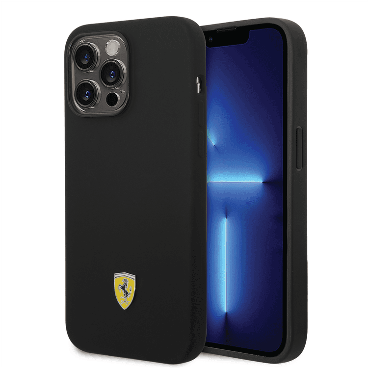 Ferrari Liquid Silicone Case with Black Camera Outline & Metal Logo iPhone 14 Pro Max Compatibility - Black