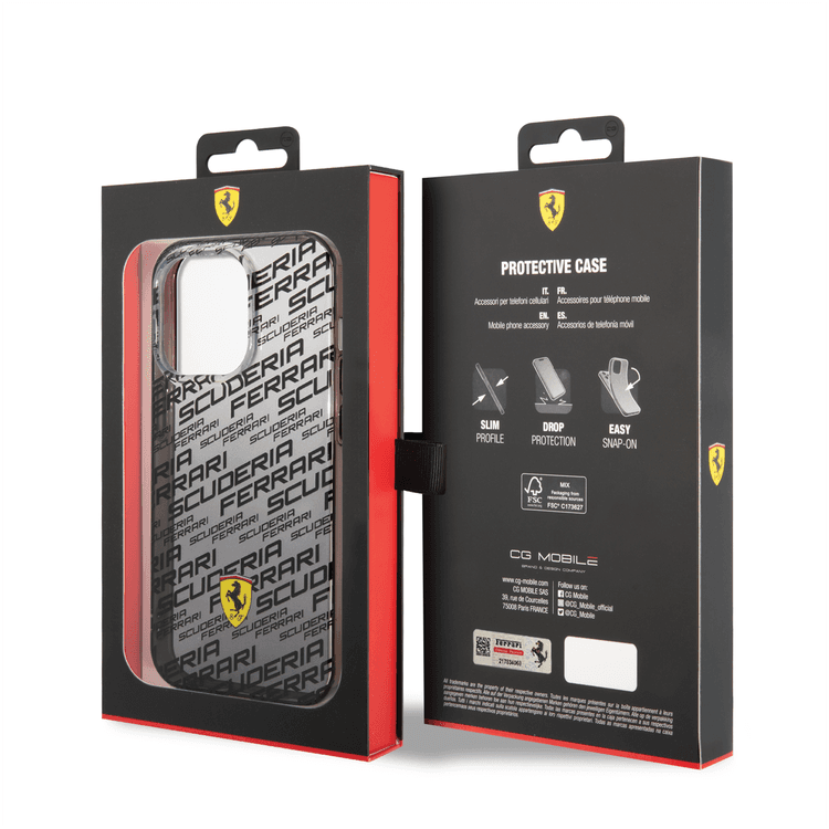 Ferrari Gradient PC/TPU Case with Allover Scuderia & Dyed Bumper iPhone 14 Pro Max Compatibility - Black