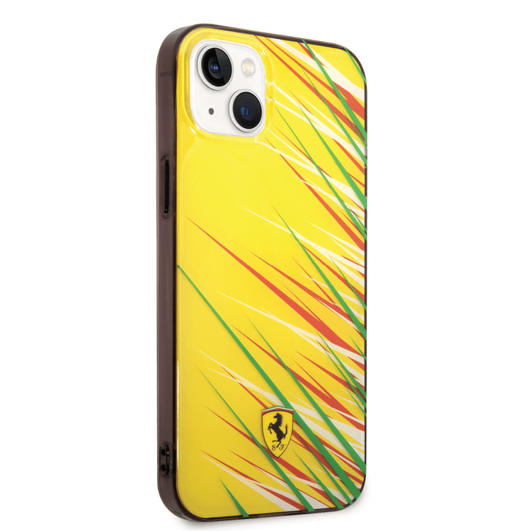 Ferrari PC/TPU Case with Double Layer Grass Print iPhone 14 Plus Compatibility - Yellow