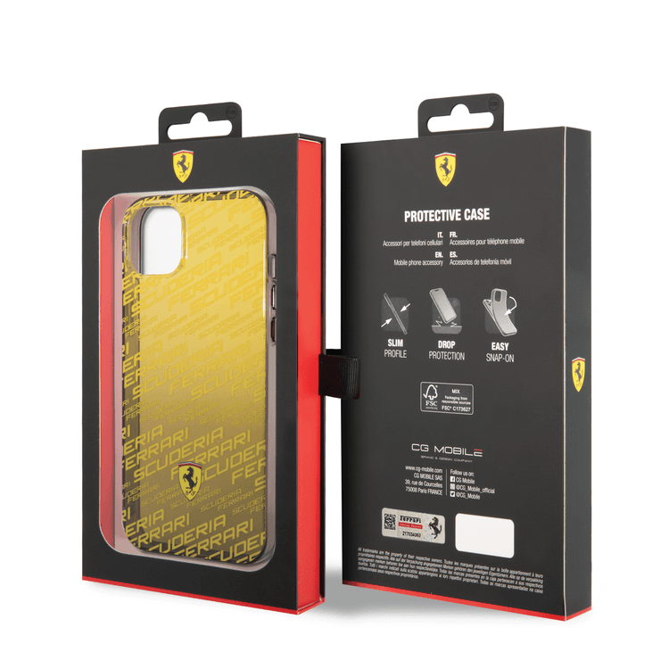 Ferrari Gradient PC/TPU Case with Allover Scuderia & Dyed Bumper iPhone 14 Plus Compatibility - Yellow