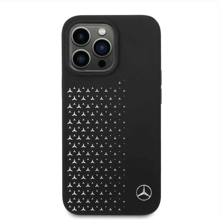 Mercedes-Benz Liquid Silicone Case with Gradient Star Horizontal Pattern iPhone 14 Pro Max Compatibility - Black