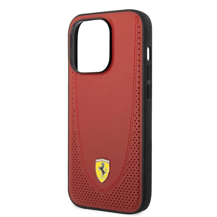 CG Ferrari Magsafe Compatibility Genuine Leather Hard Case with Curved Line Stitched iPhone 14 Pro Compatibility - Red