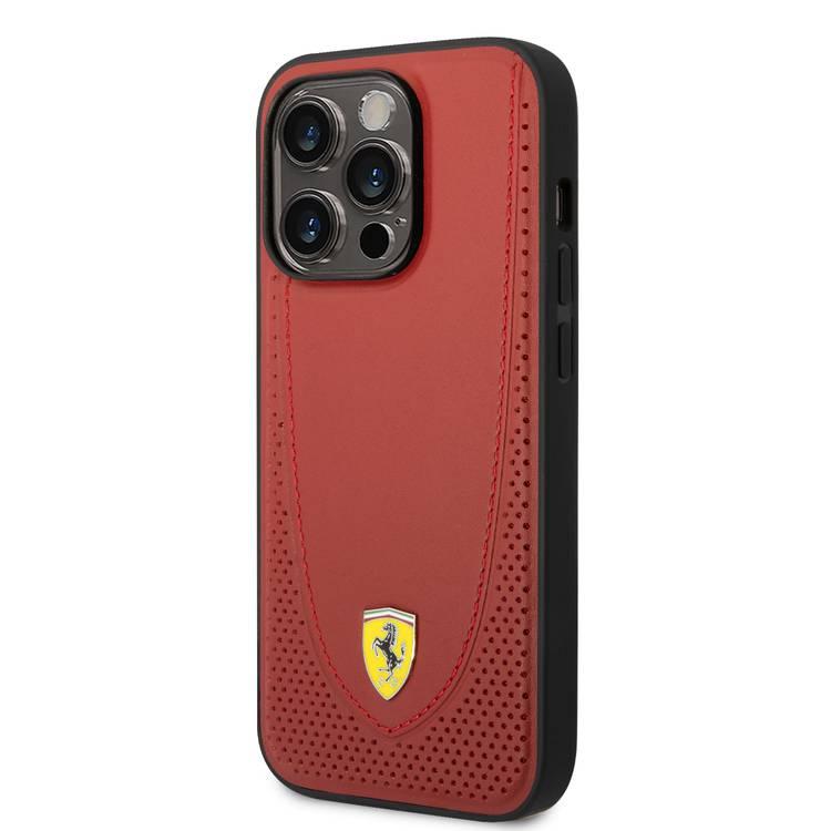 CG Ferrari Magsafe Compatibility Genuine Leather Hard Case with Curved Line Stitched iPhone 14 Pro Compatibility - Red