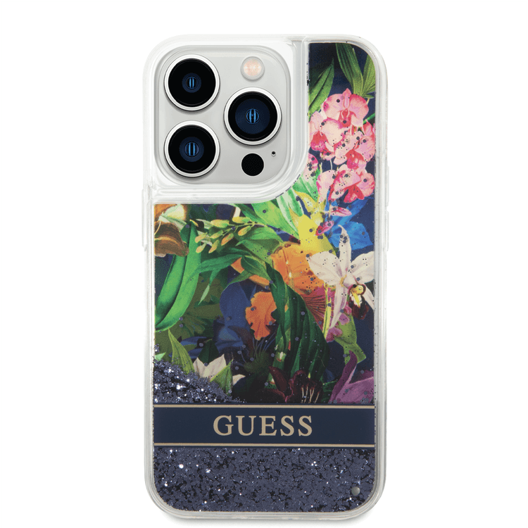 Guess Liquid Glitter Case with Flower Pattern Extra Shine Smooth Touch Feel iPhone 14 Pro Compatibility - Blue