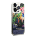 Guess Liquid Glitter Case with Flower Pattern Extra Shine Smooth Touch Feel iPhone 14 Pro Compatibility - Blue