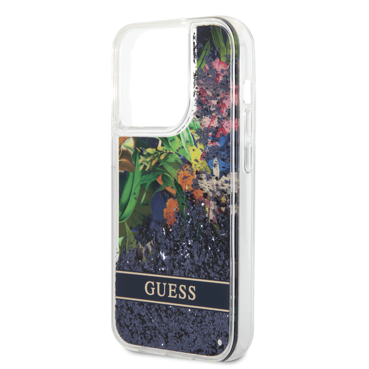 Guess Liquid Glitter Case with Flower Pattern Extra Shine Smooth Touch Feel iPhone 14 Pro Compatibility - Blue