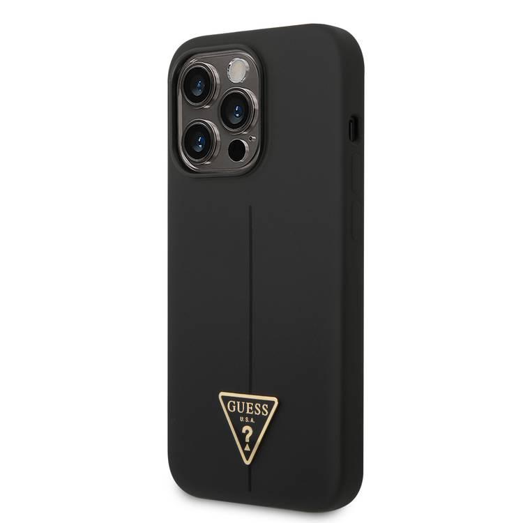 Guess Liquid Silicone Case with Shiny Line & Metal Triangle Tone Logo iPhone 14 Pro Compatibility - Black