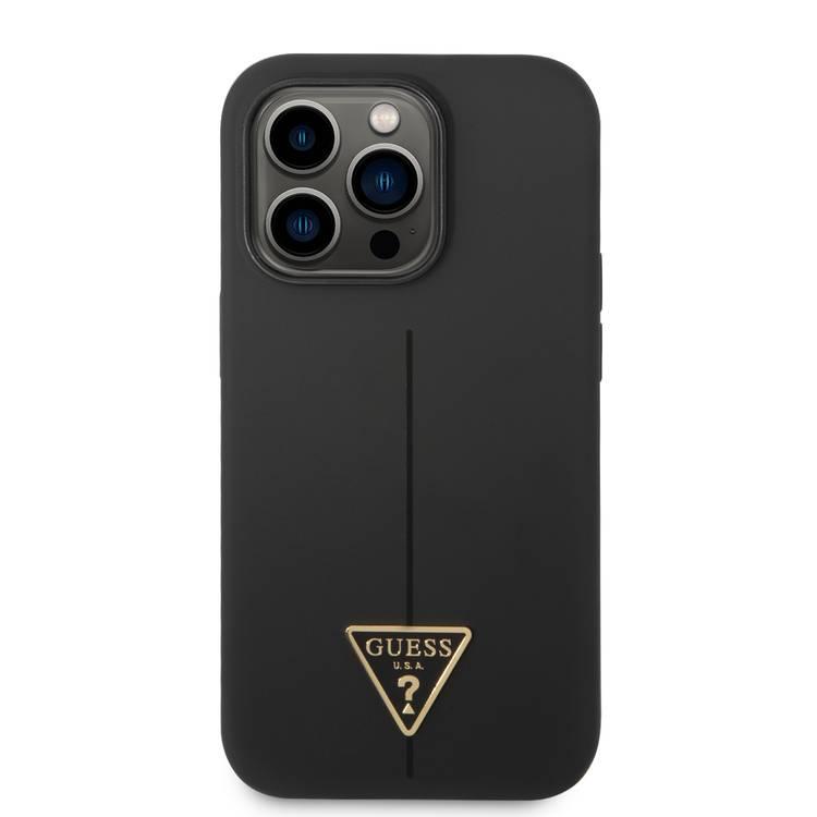 Guess Liquid Silicone Case with Shiny Line & Metal Triangle Tone Logo iPhone 14 Pro Max Compatibility - Black